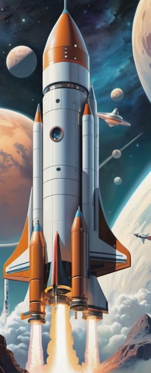 Retro Futuristic Space Travel: Nostalgic sci-fi, rocket ships, interstellar exploration, cosmic adventure.
