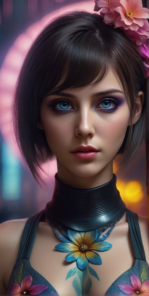 A very beautiful woman, a character from the movie "Blade Runner 2049" beautiful, detailed eyes and face features, stylish outfit,
 face body art flower, realistic lighting, detailed cinematic portrait and details, HDR, 8K, 5d art concept background
,on parchment,DonMF43XL