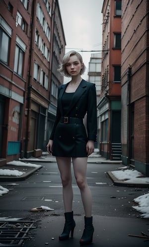 **Post-Soviet Elegance**: Female model in post-Soviet attire, set against a gritty urban backdrop, captured in 8K.
