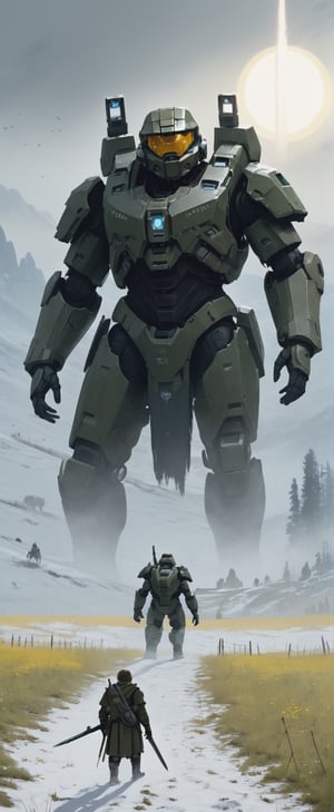 a person standing in a field with a sword, a matte painting, inspired by Johfra Bosschart, conceptual art, halo infinite, markarth, still from the movie the arrival, the entrance of valhalla, unreal engine 5 4 k uhd image, shadow of the colossus, master chief from halo, walking out of a the havens gate, sun shining
,painting by jakub rozalski