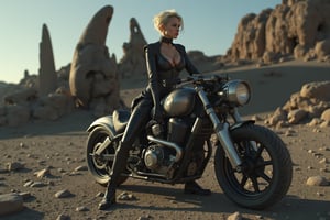 A majestic Ukrainian warrior stands victorious amidst the desolate alien moon's rugged terrain, her imposing figure emphasized by a low-angle shot. Soviet spaceship ruins stretch behind her, rusted relics clashing with the sleek metallic sheen of her bio-engineered motorcycle. Dramatic shadows cast by intense lighting accentuate her features, conveying unyielding strength and resilience as she surveys the barren, post-apocalyptic landscape.