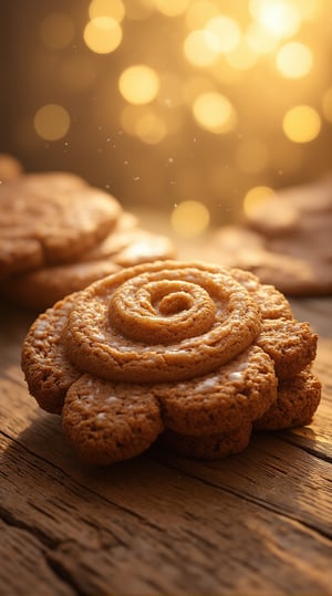 Golden light spills across the distressed wooden table, warmly illuminating a ginger biscuit's rustic texture. Soft focus surrounds the cookie, swirling decorative icing into whimsical patterns. Delicate details are highlighted under the gentle glow, as the biscuit sits nestled in its cozy environment.