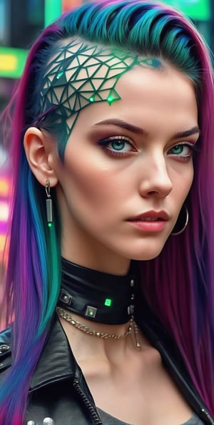 long hair of a beautiful punk woman, hot planet eyes, fashionable outfit, 3d body art in the style of nft, portrait, detailed,
 4k,HDR, cinematic lighting, abstract 5d hypercube on a realistic background, landscape from the movie "The Matrix",NYFlowerGirl,vector art illustration