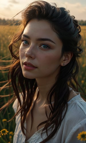 A serene Ukrainian woman posing naturally in a rustic setting. She stands amidst a lush meadow, wildflowers swaying gently in the breeze, her long dark hair blowing softly as the warm sunlight illuminates her radiant features. Her bright blue eyes sparkle with effortless elegance, a soft smile playing on her lips as she gazes into the distance, surrounded by the natural beauty of Ukraine's countryside.,Light particles and spark