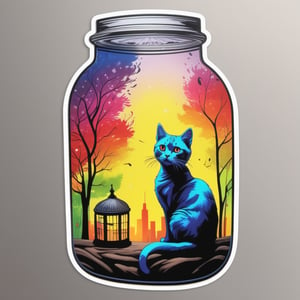 Sticker art transforms a woman into a vibrant urban masterpiece, the scene shaped by random settings, dynamic light, and spontaneous shadow play.
,Colourful cat ,in a jar