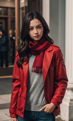  The image is a portrait of a woman in a red jacket and a red scarf. She is looking to the side with a thoughtful expression.