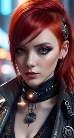 red hair of a beautiful punk woman, hot planet eyes, fashionable outfit, 3d body art in the style of cold, portrait, detailed, 4k,HDR, cinematic lighting,
 abstract 5d hypercube on a realistic background, landscape from the movie "Blade Runner 2049" Realistic shaders effects,model MIDJOURNEY
,steampunk style