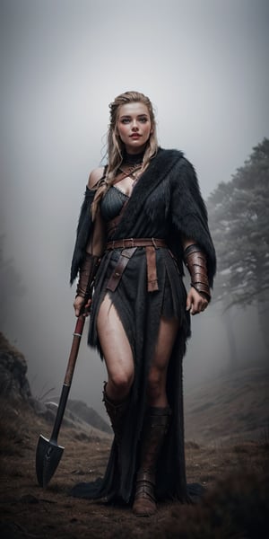 In a majestic 8K ultra-realistic photograph, a stunning young Viking warrior stands tall and imposing, her open robe revealing a hint of armor beneath. The wolf's fur and teeth are rendered in precise detail, as is the warrior's pale facial features. Her intense, fierce eyes seem to pierce through the misty Nordic landscape behind her, captured with a Canon lens. She holds an axe at her side, her gaze directed straight ahead, amidst a backdrop of rugged terrain and wispy fog.,realistic hands