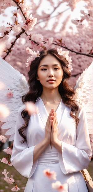 A woman with angelic wings in close up surrounded by cherry blossom petals,Beautiful girl 