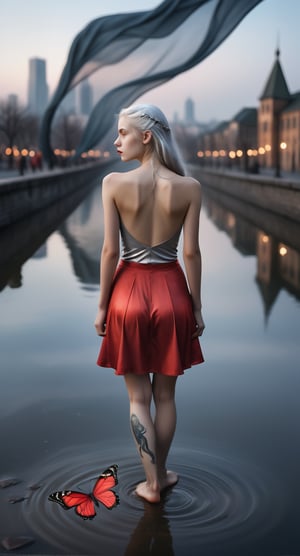 A surreal portrait: A girl with silver hair and moonlit eyes glides serenely through a cityscape melting like wax under soft, ethereal light. Soviet-era symbols adorn her top as she walks across the frame, backless panties and cameltoe subtly visible through transparent fabric of red skirt fluttering like butterfly wings. The eerie fog ripples the sky, seeping memories into reality, while her face is bathed in an otherworldly glow.,liquid dress,horde tattoo on ass,style of Edvard Munch