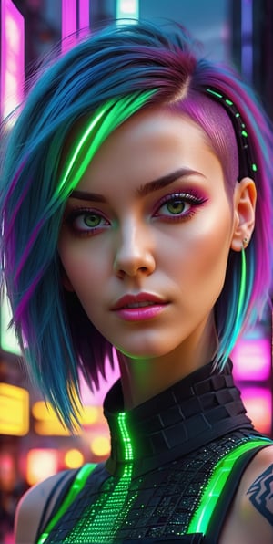 bob hair of a beautiful punk woman, hot planet eyes, fashionable outfit, 3d body art in the style of neon, portrait, detailed, 4k,HDR,
 cinematic lighting, abstract 5d hypercube on a realistic background, landscape from the movie "The Matrix"
,portrait_futurism,3d style