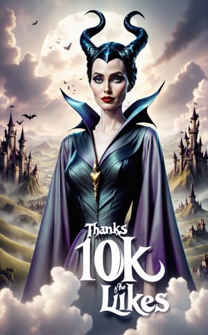 (( The text on the "Thanks  for 10K likes" )) ,Design a portrait of ( Maleficent ), in the style of Anton Pieck, with romantic lighting and gentle shadows, vintage tones and dreamy compositions, back view intensity, epic clouds and mercury blending shot,Masterpiece,better photography,Text,text as "", 3D SINGLE TEXT