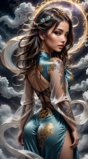 A seductive enchantress, draped in flowing silk robes that reveal glimpses of her enchanting tattoos, surrounded by swirling magical energy.
lingerie, extremely rear view cute ass,DonML1quidG0ldXL ,Mechanical part,isni,SteelHeartQuiron character,mythical clouds