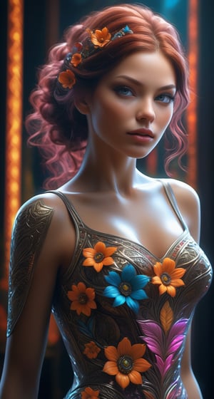 Intricate, perfect and stunning woman with high detail of the body, eyes and face from artgerm and Eduard Bisson,Hyper Realistic CG Animated, body art with a pattern and soft neon glow, ultra-realistic detailed face, realistic eyes of magnificent color, long shiny, black-fiery hair, cinematic ultra detailed portrait, camera focus on the face and details, soft studio lighting, ultra-realistic fashion outfit with 3d floral pattern, filigree detailed bodice with art engraving, realistic rendering, photorealistic,
 octane rendering, unreal engine, ultra-detailed, volumetric lighting, HDR, octane rendering, 128k, blender 3d, artstation
