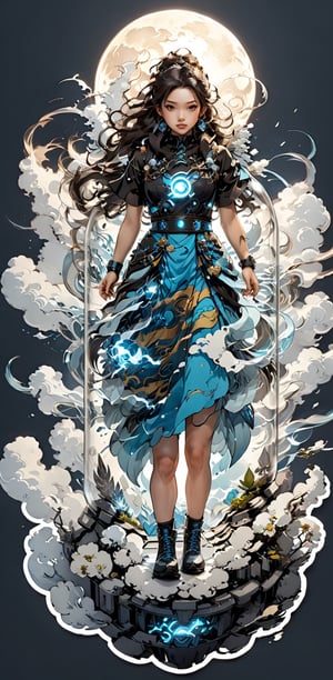 Futuristic Marvel: A girl with a short skirt and intricate details, walking above the clouds in an 8K masterpiece, the city below severely damaged, a blend of realism and futuristic elements.
,mythical clouds,composed of elements of thunder锛宼hunder锛宔lectricity,Enhanced All,in a jar,sticker,tshirt design,ice and water
