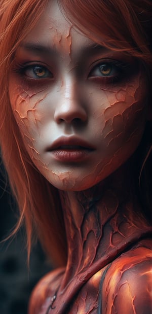 Female ultra photorealistic cinematic portrait ,body art portrait of beautiful woman, Asuka Langley from Evangelion, post apocalyptic, charismatic looks, beautiful face, pale skin, nice hot eyes, photorealistic,maximum texture,
 Perfectionism, Cinematic Lighting, extremely detailed , Post-Production, 8K,realistic shaders effects
,DonMD3m0nXL 