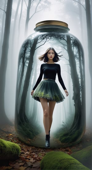 Mystical Forest Stroll:
[Art AI Halloween 2023 Creativity style] A captivating giantess in a bewitching miniskirt, gracefully walking through an ancient, fog-draped forest. [Random camera view, ultra resolution, intricate details, shadows dancing in ethereal light.],in a jar