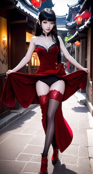a woman in a red dress walking down a street, by Yang J, fantasy art, morgana from league of legends, anime barbie in white stockings, sinister pose, anime character; full body art, anime cover, lux, ori, astri lohne, small curvy loli, dancer of the underworld
,woman