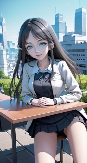 a woman laying on top of a table next to a city, an anime drawing, trending on cgsociety, extremely cute anime girl face, girl with white eyes, 3 d render beeple, portrait cute-fine-face, in an anime style, huge anime eyes, 🌺 cgsociety, 2049, cute anime face
,IncrsXLRanni