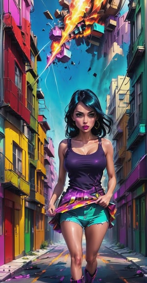 Pop Art Explosion: Comic-style giantess, buildings bursting into colorful fragments as she walks through the city, an explosive mix of pop culture and destruction.
,DonMV01dfm4g1c3XL 