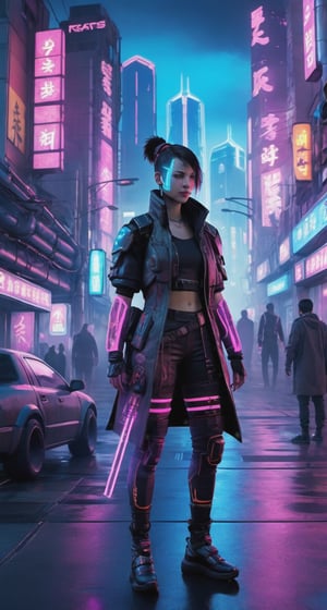 Cyberpunk Sticker with Tenten**: Futuristic, neon-lit, dystopian cityscape, highly detailed, edgy.,Kratos 