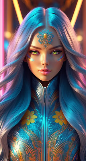 Epic 3d portrait of an anthropomorphic, very beautiful woman with very long, silky hair with a light, neon glow, perfect eye color and appearance, symmetrical, perfect body, body art with an engraved pattern, fashionable, shiny and elegant outfit with a floral pattern, cinematic complex portrait, close-up, camera focus on the face and details, 4D, HDR, 16K, cinematic complex lighting, ultra visualization of details, textures and surroundings, hyper-realistic,
 complex detailed and ultra-realistic rendering, unreal engine, artstation, octane render, blender reference, redshift render maxon
