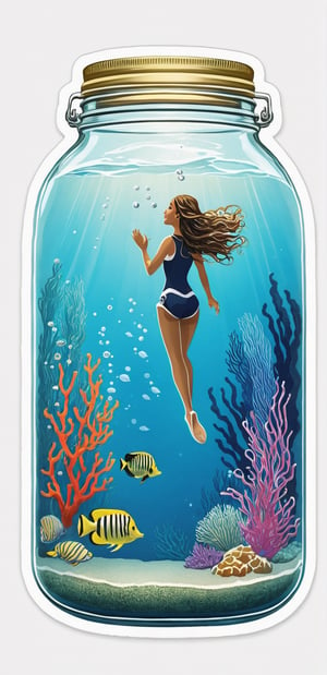 Oceanic Odyssey: Dive into an oceanic odyssey with hyperrealistic portrayals of aquatic female characters on a marine midjourney, designed for underwater-themed posters and stickers. Slogan: "Oceanic Muse."
,sticker,in a jar,text as ""