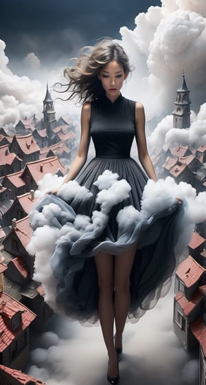 Surreal Elegance: Ethereal Giantess in a flowing dress, walking above clouds, looking down on a city of miniature buildings, her elegance contrasting with the destruction she leaves.
,detailmaster2,SmokeSkirt