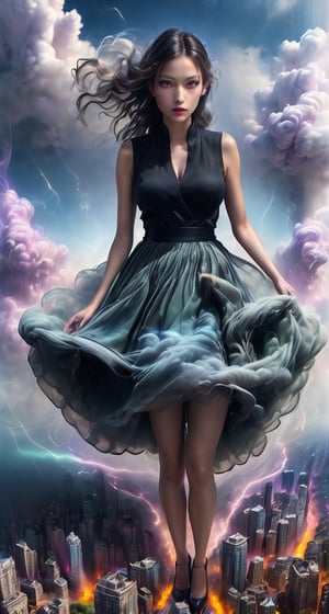 Surreal Elegance: Ethereal Giantess in a flowing dress, walking above clouds, looking down on a city of miniature buildings, her elegance contrasting with the destruction she leaves.
,detailmaster2,SmokeSkirt,DonMV01dfm4g1c3XL 