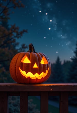 A serene autumnal tableau: A radiant jack-o'-lantern, its pumpkin surface velvety and aglow, perches atop a weathered wooden fence or porch railing, its gentle curves casting a warm, golden light that harmonizes with the twinkling stars in the dark blue sky above. The constellations sparkle like diamonds against the celestial canvas, as the atmosphere is bathed in a cozy, inviting ambiance.