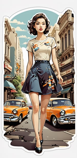  Retro Chic: A Giantess with a short skirt in a retro-inspired dress, viewed from a dynamic angle, walking through a city with small cars crushed, capturing the essence of vintage charm and destruction.
,skirtlift,vintagepaper,rebsonya,sticker,tshirt design