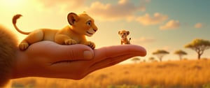 A warm golden light gently caresses the tender scene of a massive yet gentle giant cradling a minuscule lion cub no larger than a thumb within their index finger. The cub's curious gaze upwards at its captor conveys trust and wonder as the soft focus captures the intimate moment. In the background, a miniature savannah landscape unfurls, featuring tiny acacia trees and a bright blue sky, adding to the whimsical charm of this Pixar-inspired tableau.