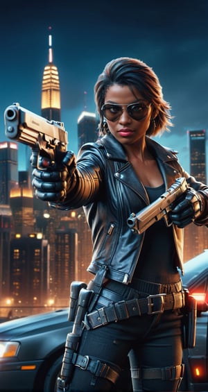 A woman in a black leather jacket and gloves stands in front of a city skyline at night. She is holding a gun and a helmet and is wearing sunglasses. She is standing in front of a car.,dual pistols