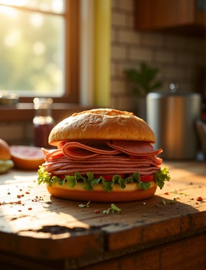 Cozy kitchen scene: A mouthwatering bologna sandwich sits proudly on a rustic wooden table, its crispy crust and savory fillings artfully arranged amidst warm golden afternoon sunlight streaming through the window, illuminating the distressed finish's characterful cracks and crevices. Crumbs and wisps of lettuce scattered around add to the natural charm.