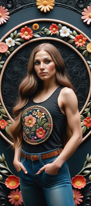  This is an image of a woman with long hair and a black tank top, set against a backdrop of a circular emblem with a floral pattern.,DonMN33dl3P1ll0wXL,d1p5comp_style
