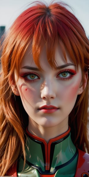 body art portrait of beautiful woman, Asuka Langley from Evangelion, post apocalyptic, charismatic looks, beautiful face, pale skin, nice hot eyes, photorealistic,maximum texture,
 Perfectionism, Cinematic Lighting, extremely detailed , Post-Production, 8K,realistic shaders effects