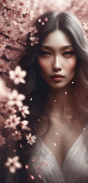 A woman with angelic wings in close up surrounded by cherry blossom petals,DonMD3m0nXL 