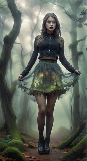 Mystical Forest Stroll:
[Art AI Halloween 2023 Creativity style] A captivating giantess in a bewitching miniskirt, gracefully walking through an ancient, fog-draped forest. [Random camera view, ultra resolution, intricate details, shadows dancing in ethereal light.],Monster