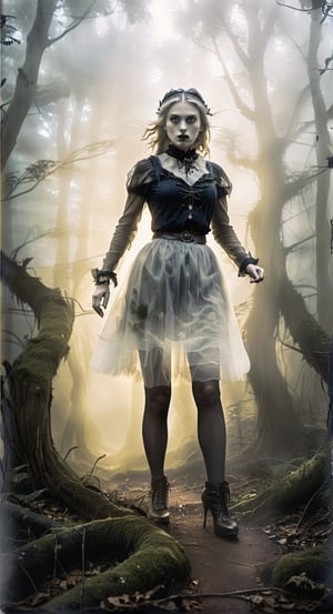 Mystical Forest Stroll:
[Art AI Halloween 2023 Creativity style] A captivating giantess in a bewitching miniskirt, gracefully walking through an ancient, fog-draped forest. [Random camera view, ultra resolution, intricate details, shadows dancing in ethereal light.],Monster