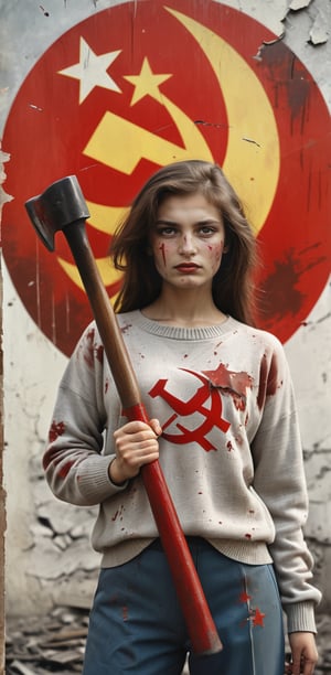  Hammer and Sickle Wrath: A girl with a hammer in one hand, a sickle in the other. The Soviet flag flutters behind her, torn and stained.,more detail XL,dual pistols,better photography,orbstaff,virgin destroyer sweater