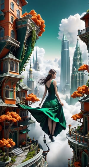Surreal Elegance: Ethereal Giantess in a flowing dress, walking above clouds, looking down on a city of miniature buildings, her elegance contrasting with the destruction she leaves.
,DonMG414XL
