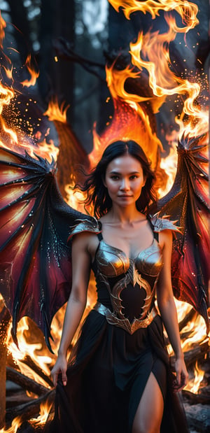 Woman with dragon wings in close up surrounded by fire sparks
