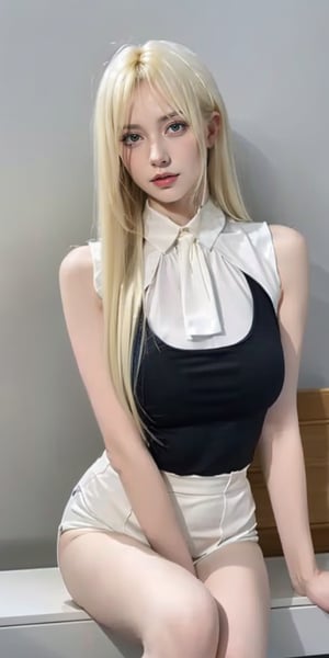  The image features a young woman with long blonde hair, wearing a white, sleeveless top. She is standing against a white background, and appears to be in motion, with her hair and clothing blowing in the wind.,sitting,better_hands,onbppose,thinking,realistic hands
