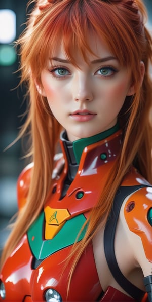 body art portrait of beautiful woman, Asuka Langley from Evangelion, post apocalyptic, charismatic looks, beautiful face, pale skin, nice hot eyes, photorealistic,maximum texture,
 Perfectionism, Cinematic Lighting, extremely detailed , Post-Production, 8K,realistic shaders effects,Mechanical part,flat design