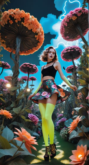 *Enchanted Garden Soiree:**
   [Art AI Halloween 2023 Creativity style] Picture a giantess in a floral miniskirt, gracefully walking through a garden filled with oversized flowers and whimsical vegetation. [Random camera view, ultra resolution, capturing intricate floral details, play of shadows and natural sunlight.]
,neon style,mythical clouds