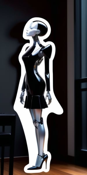  This is a photograph of a woman in a sleek black dress and black heels, kissing a transparent, digitally created, female humanoid robot.,sticker