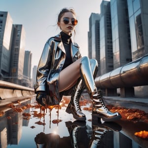 A high-angle shot capturing the glossy lips of a girl, with the reflection of a dystopian cityscape in her sunglasses, as molten metal drips onto her fashion boots.,FlowerStyle