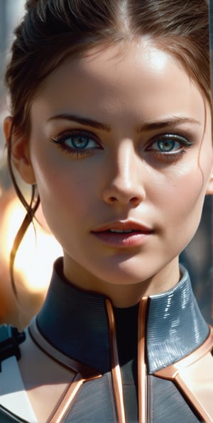 A very beautiful woman, a character from the movie "Elysium, 2013 " beautiful, detailed eyes and face features, stylish outfit, best art style,
 realistic lighting, detailed cinematic portrait and details, HDR, 8K, 5d background concept art
,3d style,animification