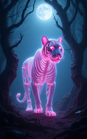 In a mystical forest, where moonlit shadows dance across gnarled tree trunks and twisted vines, a majestic albino tiger stands tall amidst the misty veil. Its transparent skin glows with an ethereal light, revealing a glowing pink neon skeleton beneath, as if illuminated by an otherworldly force. The woods are bathed in a soft, misty illumination, casting an eerie ambiance that seems to pulse with an inner luminescence.