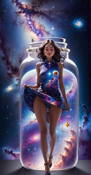 Galactic Elegance: Celestial Giantess, her form adorned with galaxies, walking through space with a blend of elegance and cosmic chaos.
,in a jar